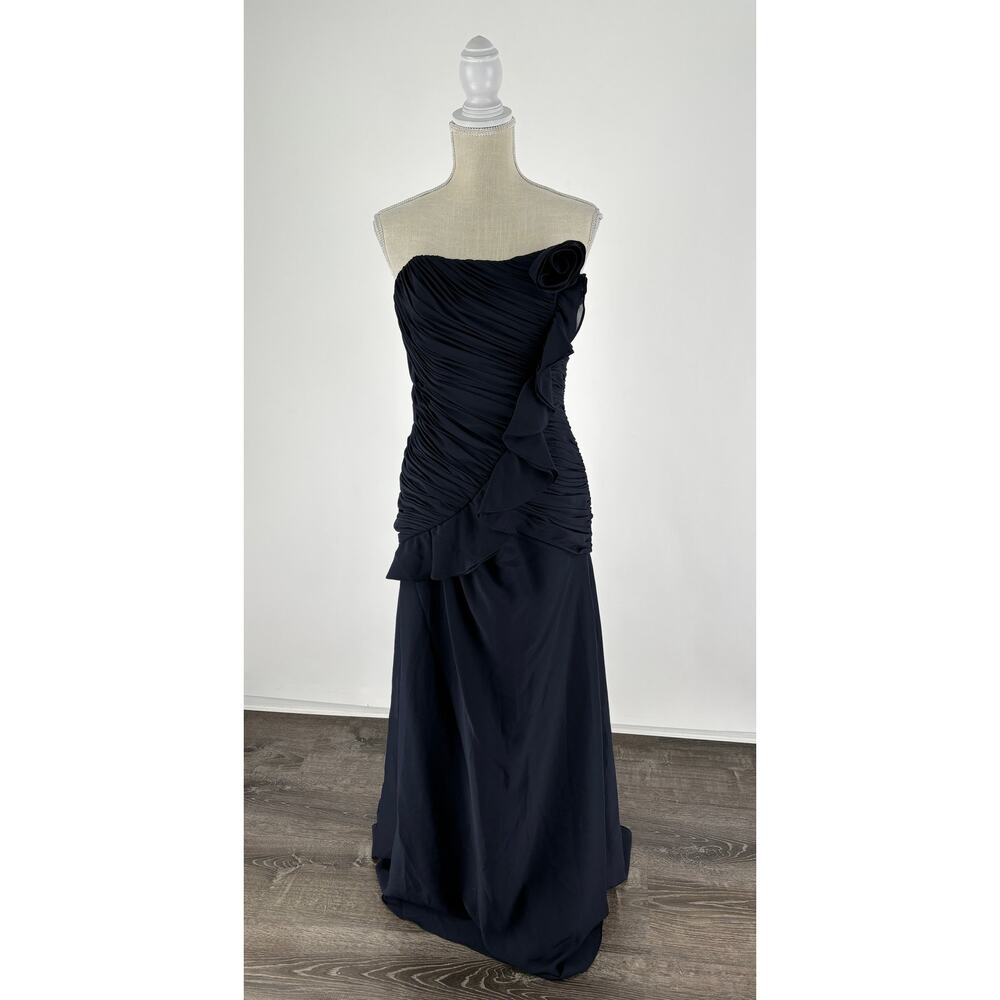 Andrew Adela Formal Evening Dress Womens Size 12/14 Chiffon Rosette Navy Blue